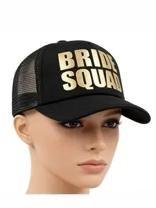 1pc single piece black mesh truck hat -"BRIDE SQUAD "hot stamping, adjustable single party hat, sun protection leisure hat, spring and autumn travel beach holiday hat.