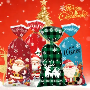 Festive Christmas Reusable Gift Bag Set Colorful Printed Drawstring Design in Assorted Sizes A Versatile Choice for Holiday Gifting Wrapping and Festive Storage