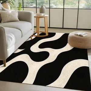 Beige wavy striped pattern, minimalist modern style Living room rug, Decorative rug, Low Pile Rugs, easy to clean, suitable for hallway, living room 15-25 sqm, kitchen, bedroom 1.5m-1.8m single/double bed