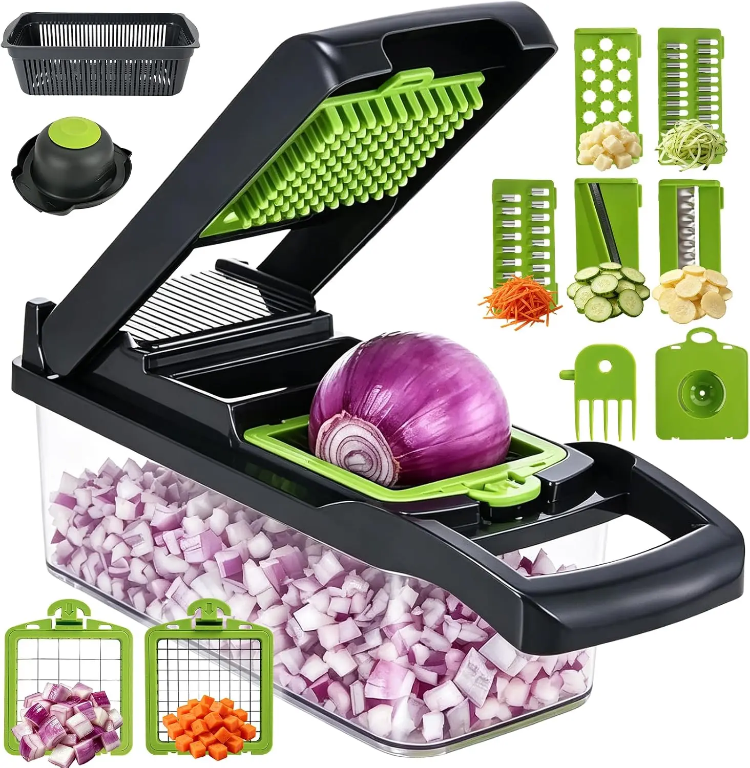 13-In-1 Kitchen Vegetable Chopper & Mandoline Slicer - Heavy-Duty Manual Utensils with 8 Rust-Resistant Stainless Steel Blades, Onion Chopper, Veggie Cutter, 1.2L Drain Basket, Egg Separator, Storage Container for Fruit, Salad Meal Prep (Steel+Plastic)