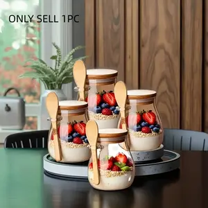 11.96oz Clear Glass Cup Set, Overnight Oatmeal Bowl, Mason Jar Salad Container, Prep Bowl with Lid Spoon, Ideal for Chia Seeds, Pudding, Yogurt