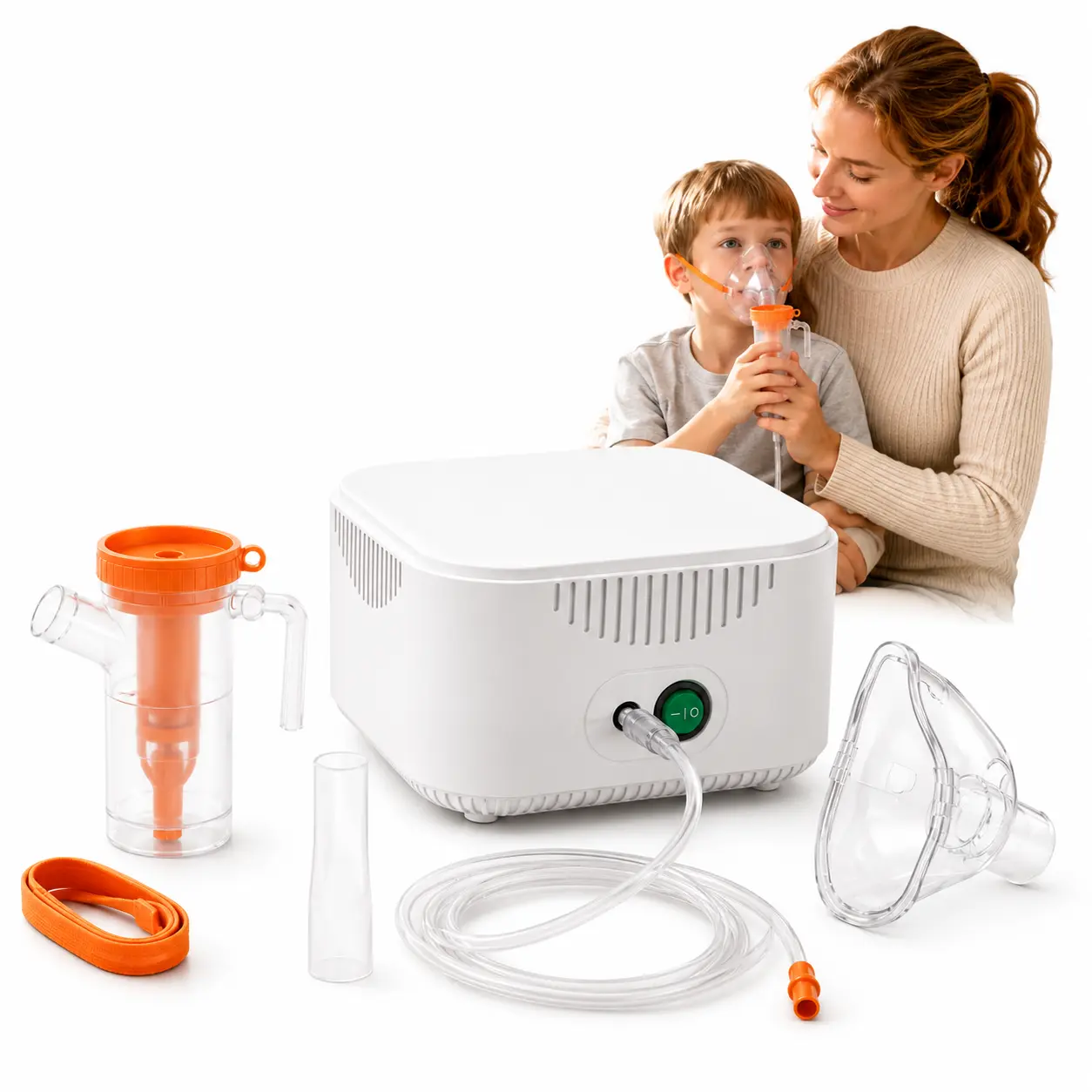 Home Compressor Nebulizer Set for Adults - Adjustable Mist Control, Fine Even Mist, 1-Button Operation, Includes Mask, Mouthpiece, Air Tube, USB Cable, Detachable Easy-Clean Parts