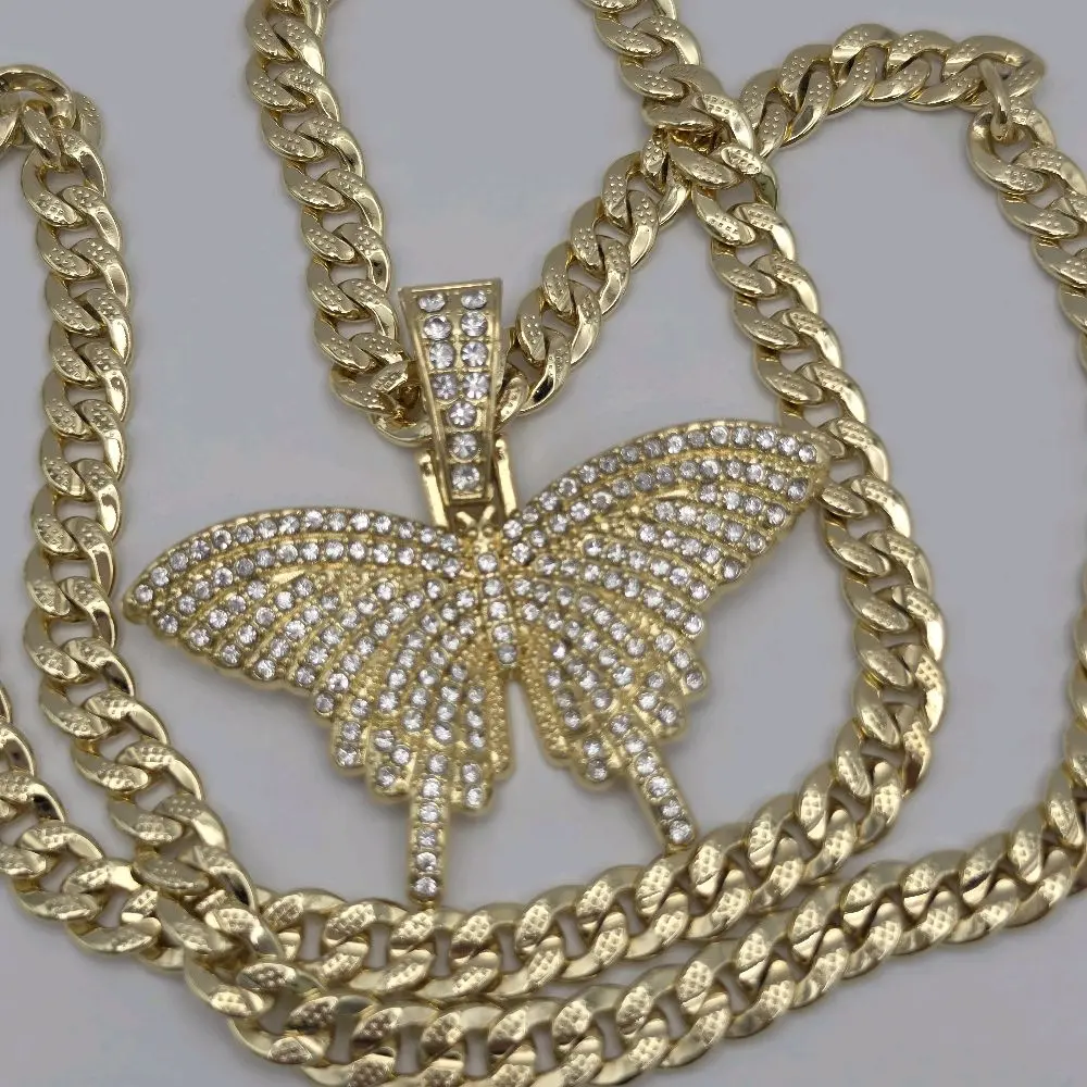 BUTTERFLY beautiful necklace Cuban link style gold-plated 24"inches stone's big pendant