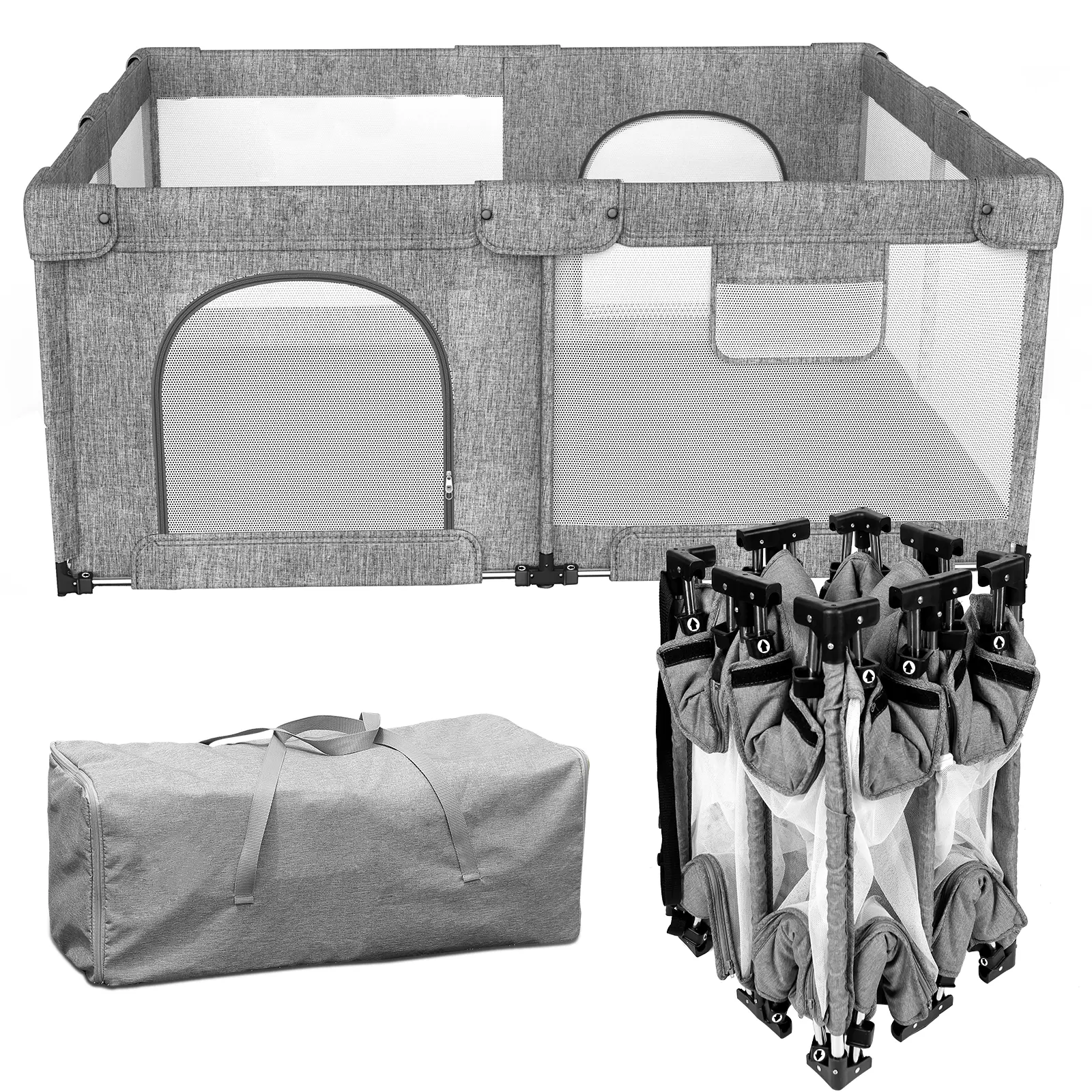 Dearlomum Foldable Baby Playpen Collapsible Playpen for Babies and Toddlers Extra Large Foldable Playpen with Gate Baby Activity Center with Fence Travel Play Pen Black Grey