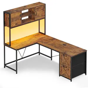 86.6 Inches LED L Shaped Gaming Desk Brown