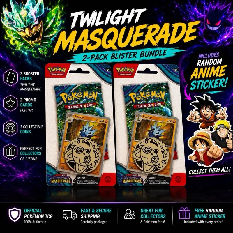 Pokémon Scarlet & Violet Twilight Masquerade 2-Pack Sleeved Booster Official TCG Collectible Cards Sealed Box Bundle, Factory Sealed Near Mint, Includes FREE Random Anime Sticker