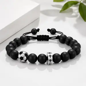 Black Beaded Bracelet with Soccer Charm & Cross Beads - Men's Accessories, Sporty Costume Jewelry for Soccer Enthusiasts, Teenage Boy Gifts