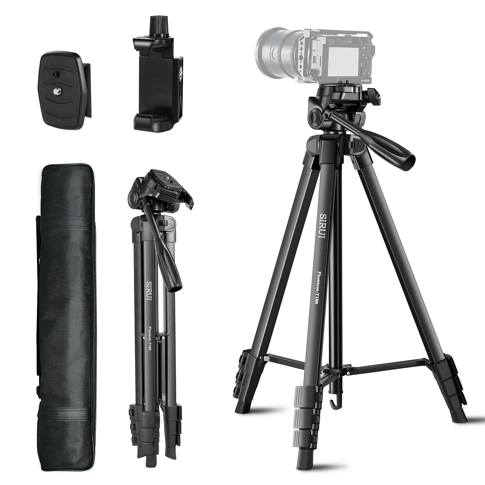 SIRUI Phantom Series T180 Compact Tripod, 70.9" Lightweight Aluminum Travel Tripod with Phone Mount & Carry Bag, Loaded up to 6.6lbs, Compatible with Camera, Mobile Phone, Telescope, Laser Level