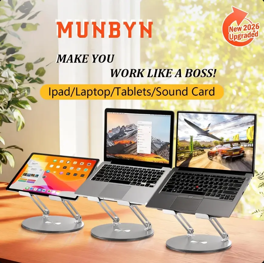 【MUNBYN Rotating Laptop Stand】Adjustable Foldable Aluminum 2-in-1 Stand with Multifunctional Hub for Gaming Laptop, PC Setup, Office, Desk & Work Accessories, Gray