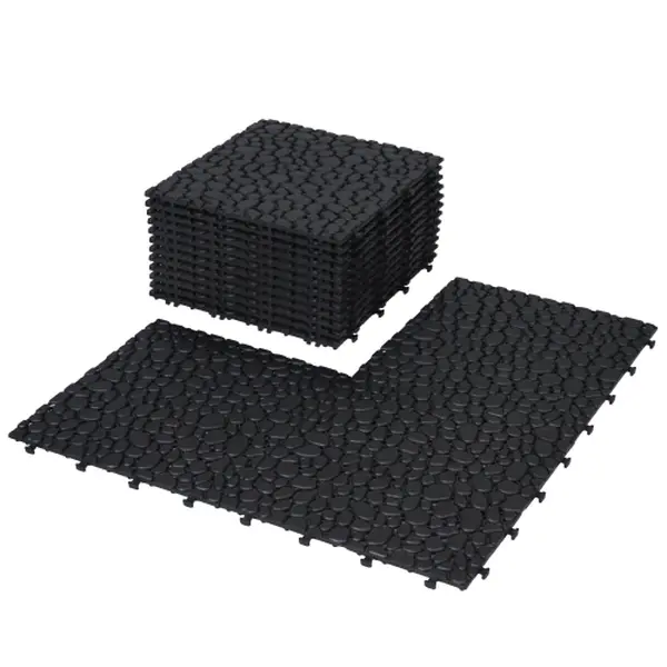 12-Pack Pebble Stone Interlocking Deck Tiles, 12x12 Inch Black Plastic Outdoor Flooring, Waterproof with Efficient Drainage for Patio, Backyard, Living Room, Balcony, Patio Tiles, Porch, 12X12 In., Pebble Look, Boxed Pack, Customizable