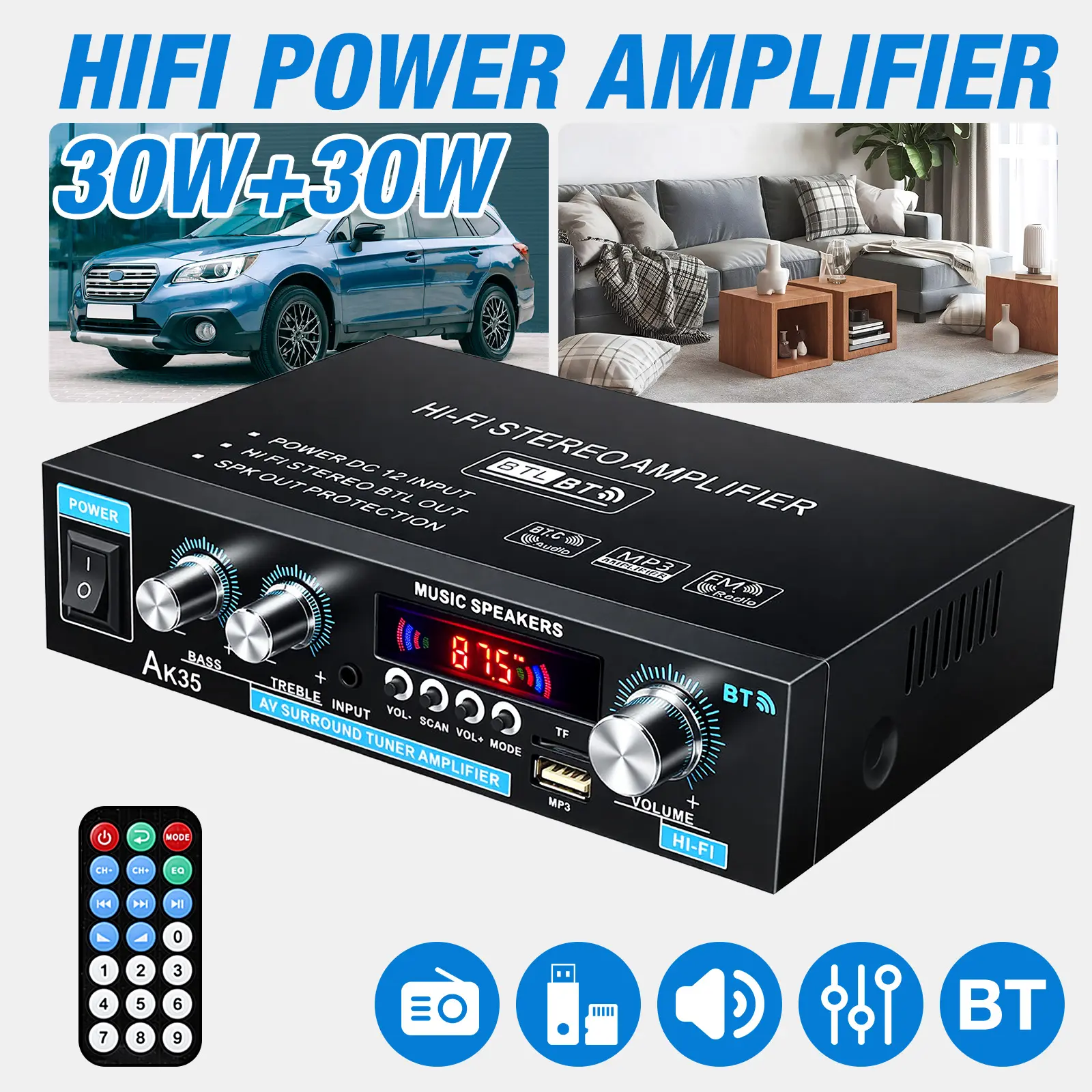 AK35 Bluetooth 5.0 Stereo Amplifier, 2.0 Channel Mini Audio Receiver, 30Wx2 Home HiFi Amplifier with Bass-Treble Control for Car, Home Theater