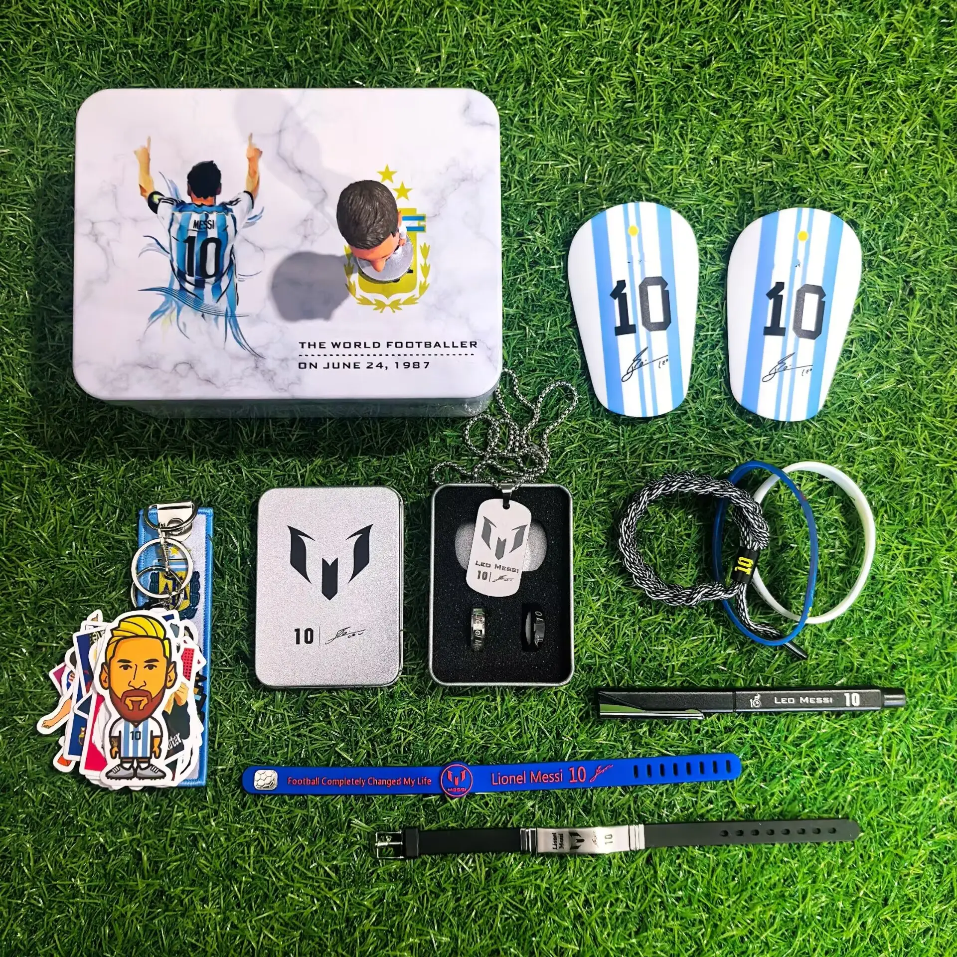 Soccer Star Goat Bundle(1 gift box+1 Keychain+1 Figure+1 Pen+1 Necklace+2 Rings+1 Pair Of Mini Shin Guards+5 wristbands), Mini Soccer Keychain Party Gifts