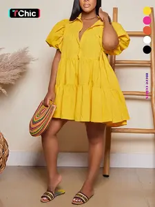 Women's Plain Ruffle Hem Button Front Smock Dress, Casual Puff Sleeve Collar Short Dress for Daily Wear, Ladies Clothes for All Seasons