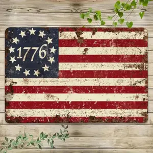 Vintage American Flag Star Field Metal Tin Sign| Distressed Patriotic Wall Art with Minimalist Star Design| Rustic Decor for Independence Day, Garage & Man Cave| Pre-Drilled Holes for Easy Hanging