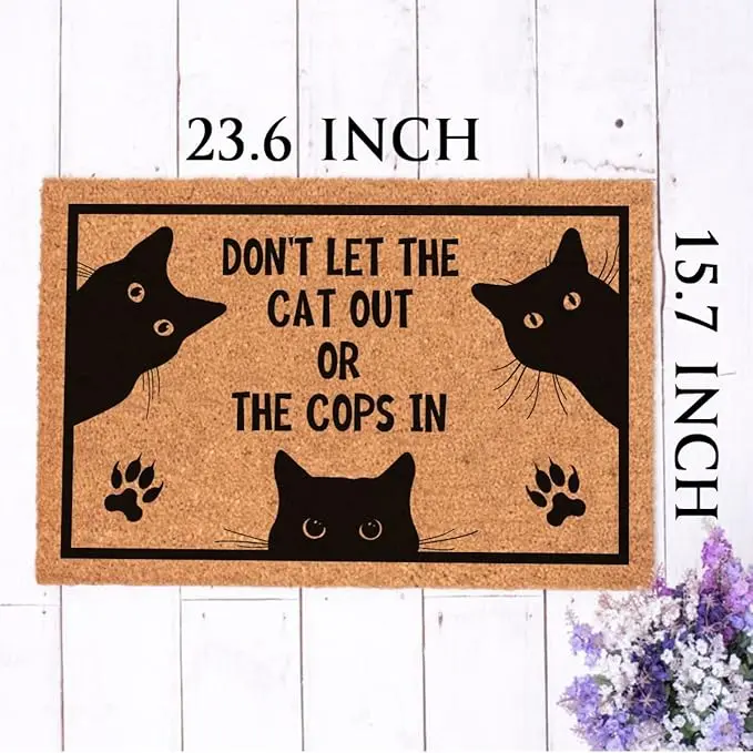 Summerwins 1-Piece Durable Anti-Slip Coconut Coir Doormat, Funny Animal-Themed Brown Mat with Black Cursive "Don’t Let The Cat Out or The Cops in" Print, Heavy-Duty PVC Backing, Wrinkle Resistant, Indoor Bedroom Decor