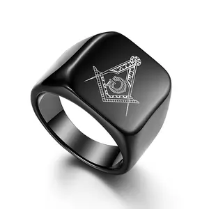 OIDEA Men's Black Polished Masonic Freemason Anti-Rust Stainless Steel Wide Statement Band Ring, Anti-Rust Steel Rings