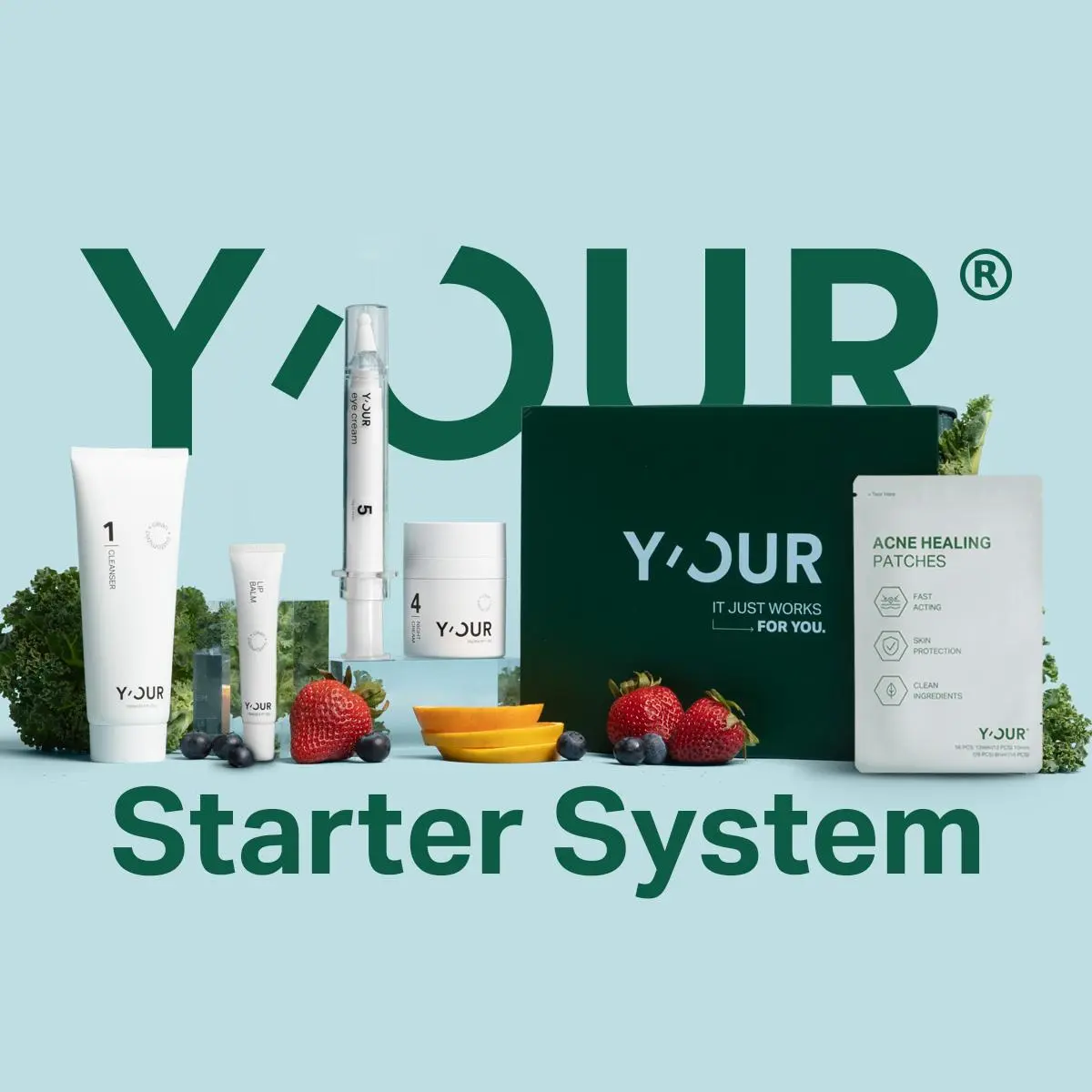 Y'OUR 5-Piece Starter Skincare System, Anti-Aging Multi-Pack with Retinol, Glycolic Acid & Hydrocolloid Pimple Patches for All Skin Types, Peppermint, Intensive, Plant-Based, Full Face, Lightweight, Shea, Moisturizer, Spot Treatment, Hyaluronic