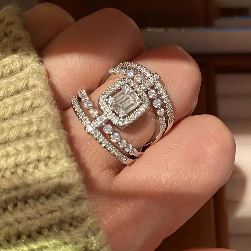 Vintage Wide Band Ring for Women, Hollow-Out Geometric Design with a Sparkling Square Zirconia, Double Band Statement Jewelry for Parties & Anniversaries, Rings For Women, Vintage Rings