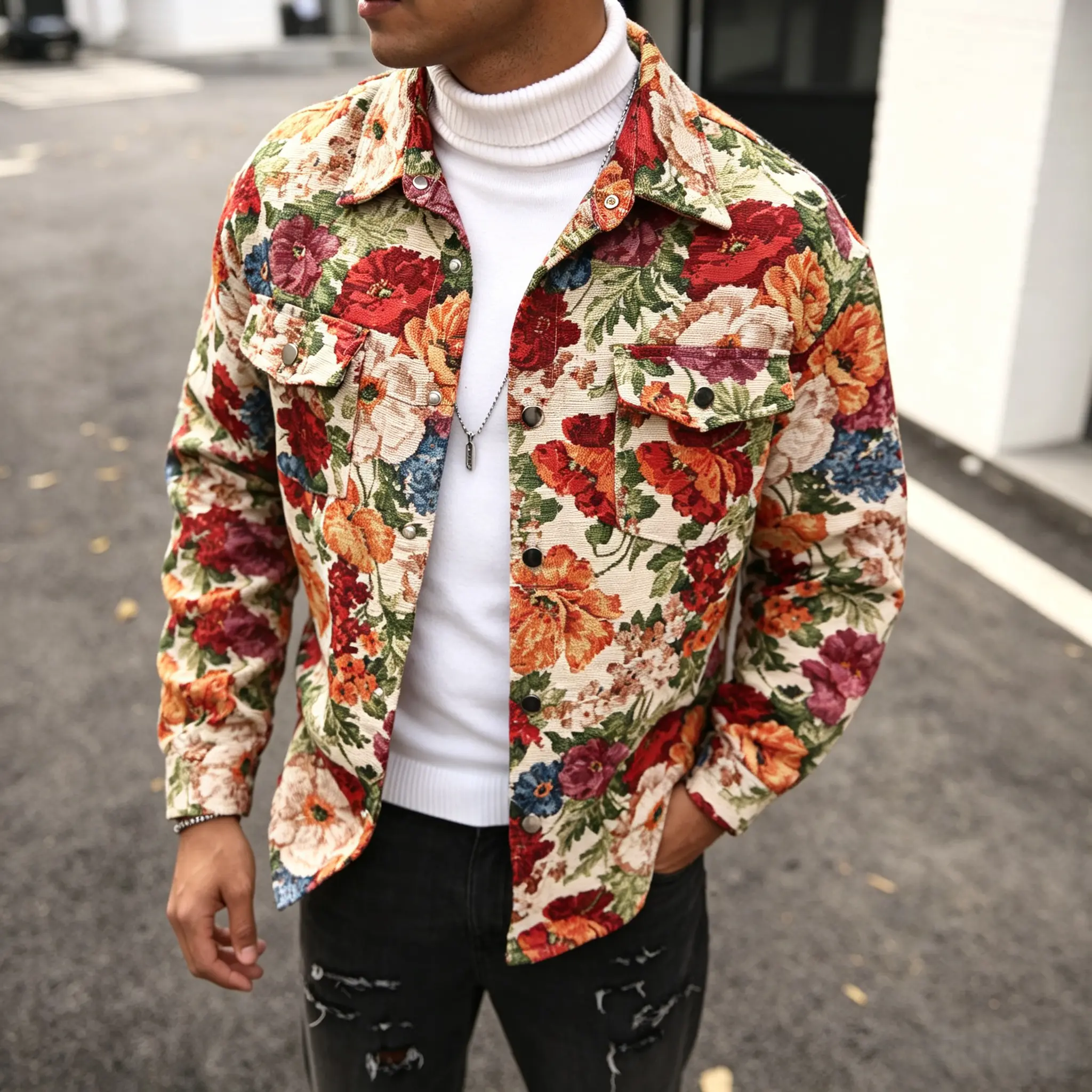 A casual jacket featuring jacquard floral art with a turn-down collar, inspired by vintage oil paintings with a blue base and contrasting colors. Crafted from richly textured woven jacquard with three-dimensional flowers. It includes two symmetrical chest