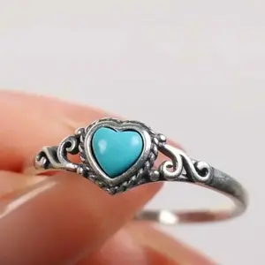 Women's Vintage Western Turquoise Heart Bezel Setting Ring - Antique Silver Boho Dainty, Western Style, Vintage Silver, Festival Style Coastal Cowgirl Stacking Ring, Western Style Rings, Bezel Setting Rings