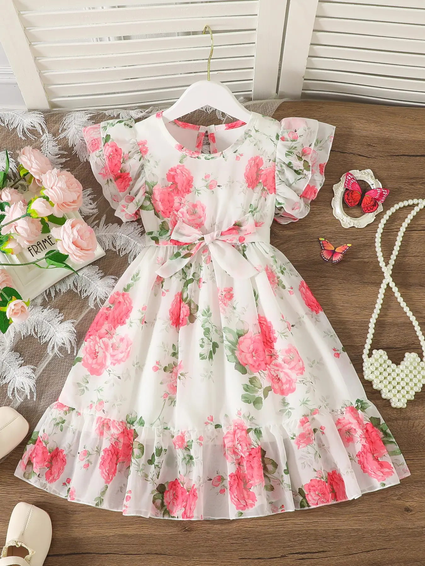 Summer Young Girls Rose Floral Sundress, Round Neck Bubble Sleeve Belted Design, Flower Pattern Print, Ruffle Hem, Casual Midi Dress, Summer Printed Dress