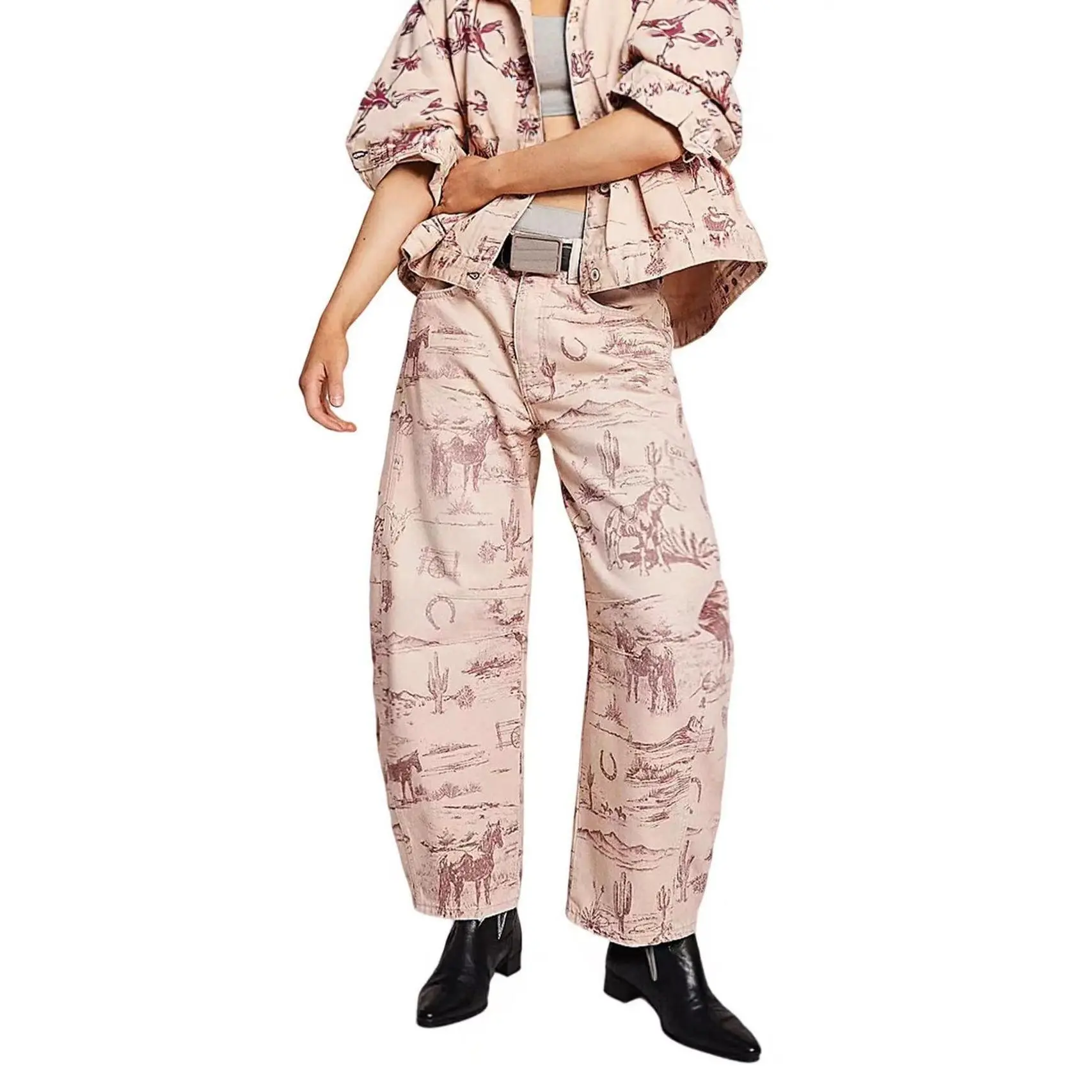 Women Boyfriend Baggy Barrel Jeans Floral Print Denim Ankle Pants Wide Leg Mid Rise Jeans Sweatpants Y2k Patchwork, popular leopard print jeans, floral print denim cropped pants