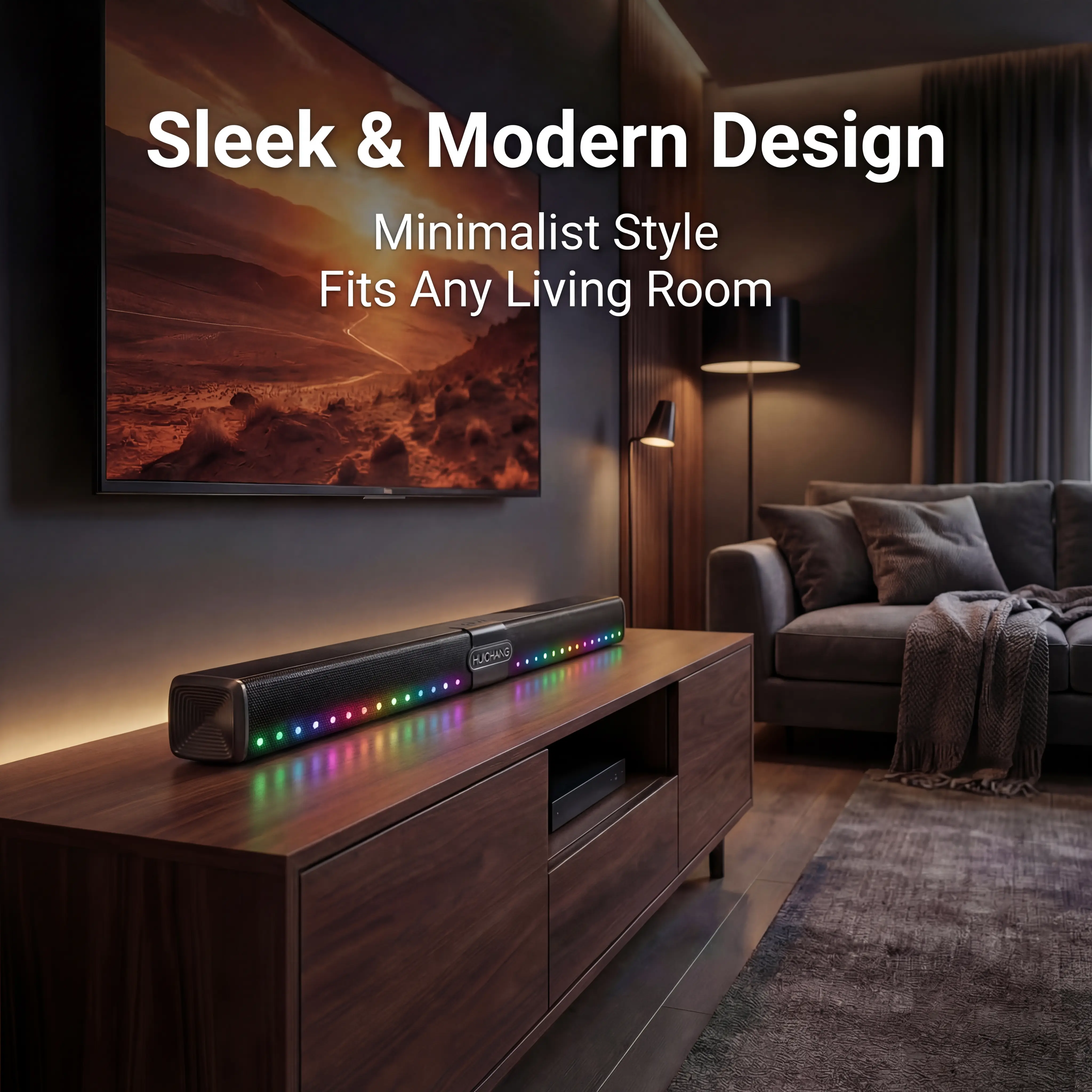 HUICHANG 10-Speaker RGB Soundbar Sound System, 34.6 inches Wireless Bluetooth 5.3 Slim Design, Piano Black Finish, AUX USB Coax Inputs, Ideal for Home Theater, Gaming, Tws Sync