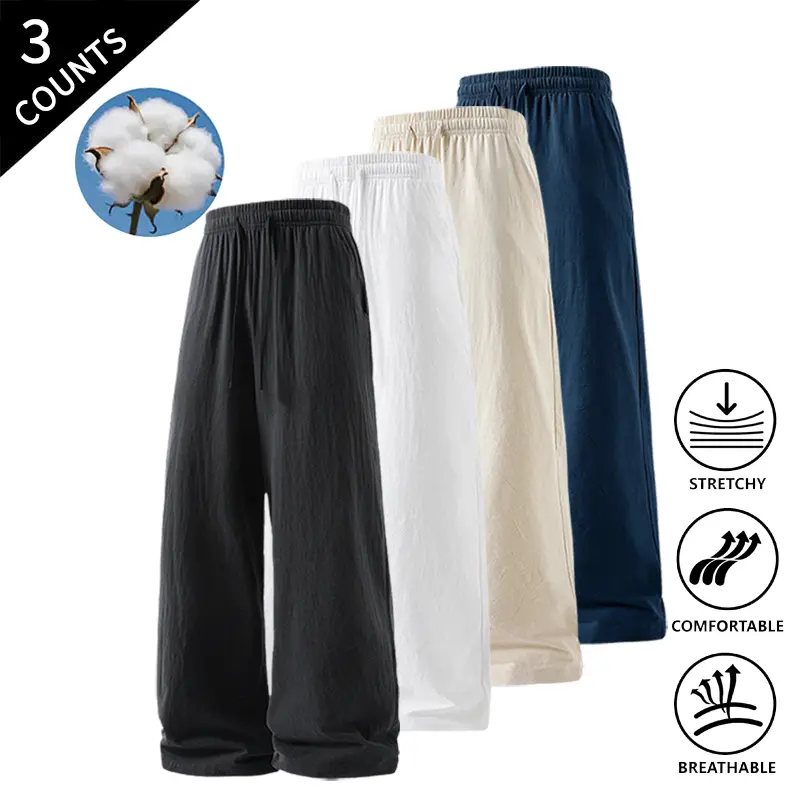 Summer Vibes 3-Pack Men’s Wide-Leg Lounge Pants, Elastic Waist, Breathable Pants for Home and Casual Outings