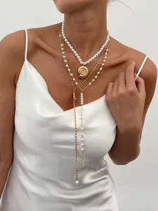 Vacation Style Seashell Cross Pendant Necklace, Summer Beach Pearl Beaded Choker, Elegant Lockbone Chain Jewelry for Women