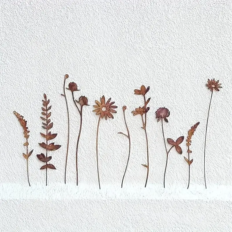 Rustic Metal Wildflower Bouquet Set, Artistic Design 10 Pieces Outdoor Decor Ornaments, Easy Installation, Perfect for Courtyards, Gardens, Vintage Yards