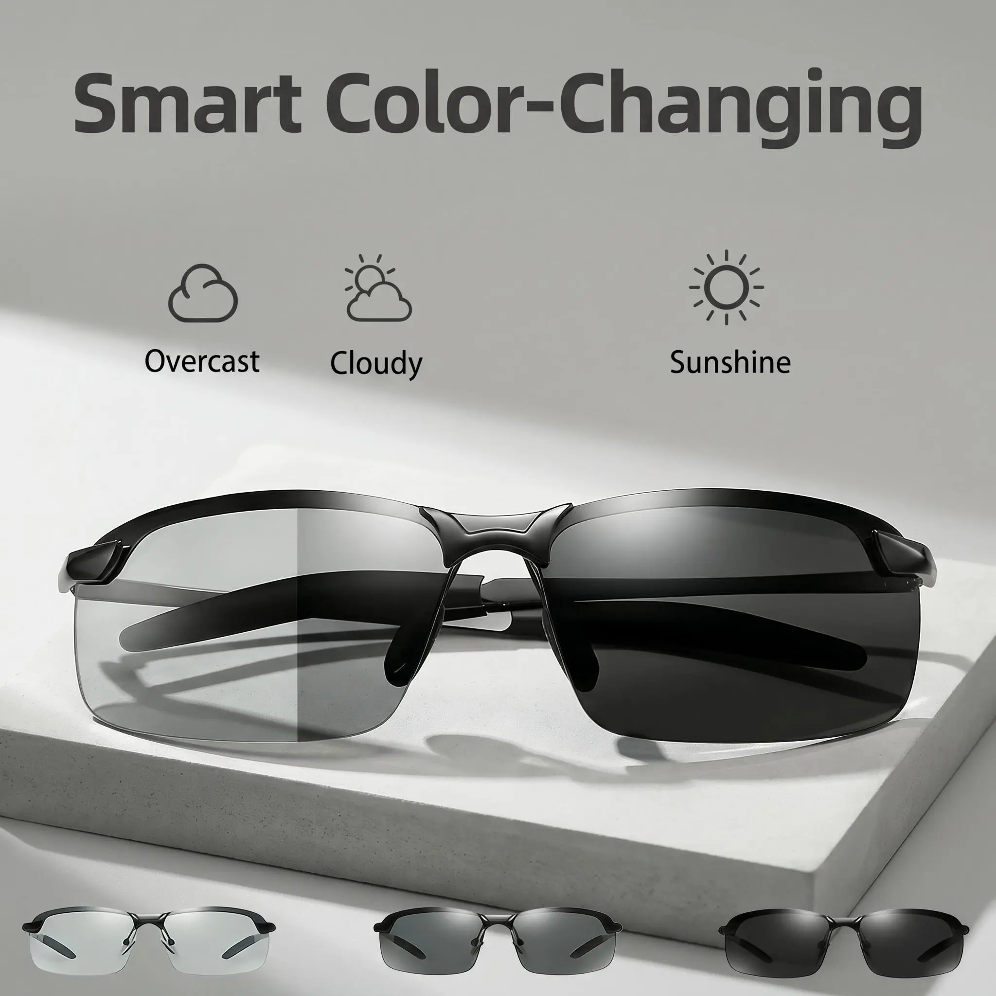Paleshy HD Polarized Photochromic PC Sunglasses - UV400 Protection, Unisex 2026 Summer Retro Oversized Semi-Rimless Simple Square Frame Fashion Accessories for Driving, Outdoor Sports