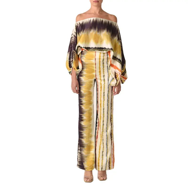 2026 Spring New Women's Clothing Set Printed Batwing Sleeve Waist-Cinching Wide-Leg Pants Set 2026 Spring New Women's Clothing Set Printed Batwing Sleeve Waist-Cinching Wide-Leg Pants Set