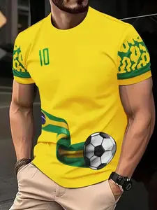 Men's Brazil Retro #10 Style Soccer Jersey, Brazilian Jersey, Flag & Football Graphic Print, Short Sleeve Football Shirt, World Cup 2026, Casual Fitted Top
