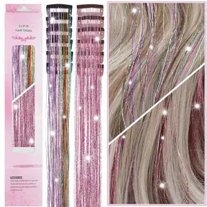12 Pcs Glitter Hair Tinsel - 20" Clip-in Extensions, Heat Resistant Sparkly Fairy Accessories for Women & Girls (Pink & Colorful)