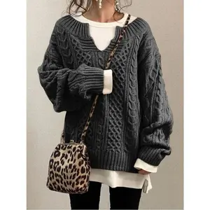 TreeSoul Couture Women's V-Neck Long-Sleeve Cable Knit Pullover, 1pc Chunky Knit Casual Top for Fall Winter, Outerwear
