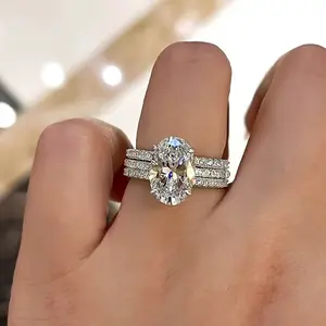 Full Diamond Large Loose Stone Closed Ring Three-Layer Full Diamond Classic Three-Set Ring Zircon Oval Engagement Ring
