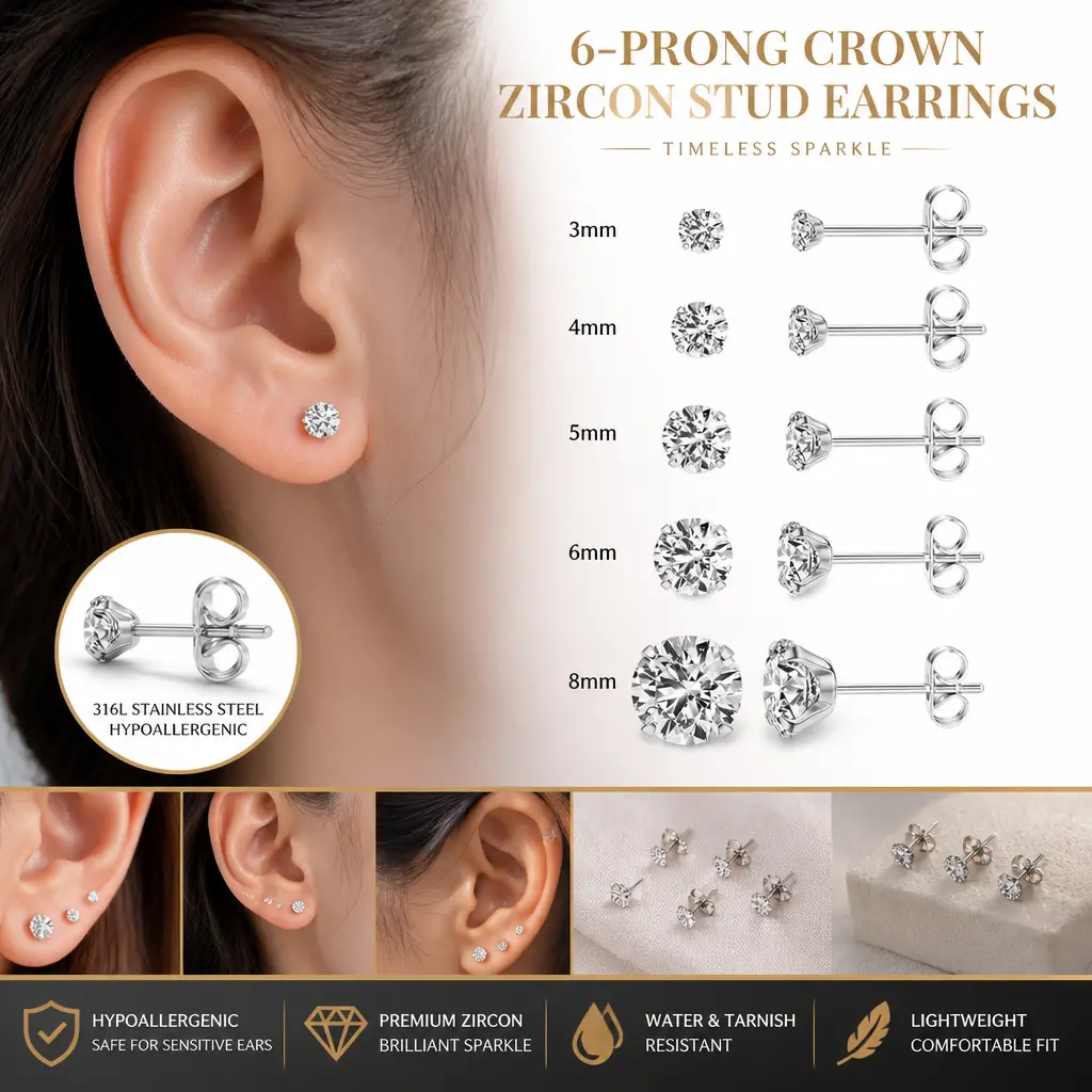 5-Pair Extra Long Post Earring Set - High Quality 316L Stainless Steel Hypoallergenic Sparkling CZ Stacked Sets, 3-8mm Cubic Zirconia Sparkling Ear Jewelry for Sensitive Ears Everyday Wear, Mid Year Sale