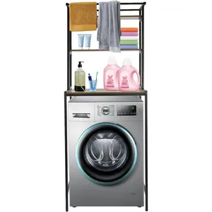 Washer and Dryer Storage Shelf, 3 Tier Space Saving Bathroom Organizer Rack, Heavy Duty Clothes Drying Rack with Height 0.39 Adjustable, Clothes Hanging Rod Rail (Black+Oak) Laundry Products Hangable