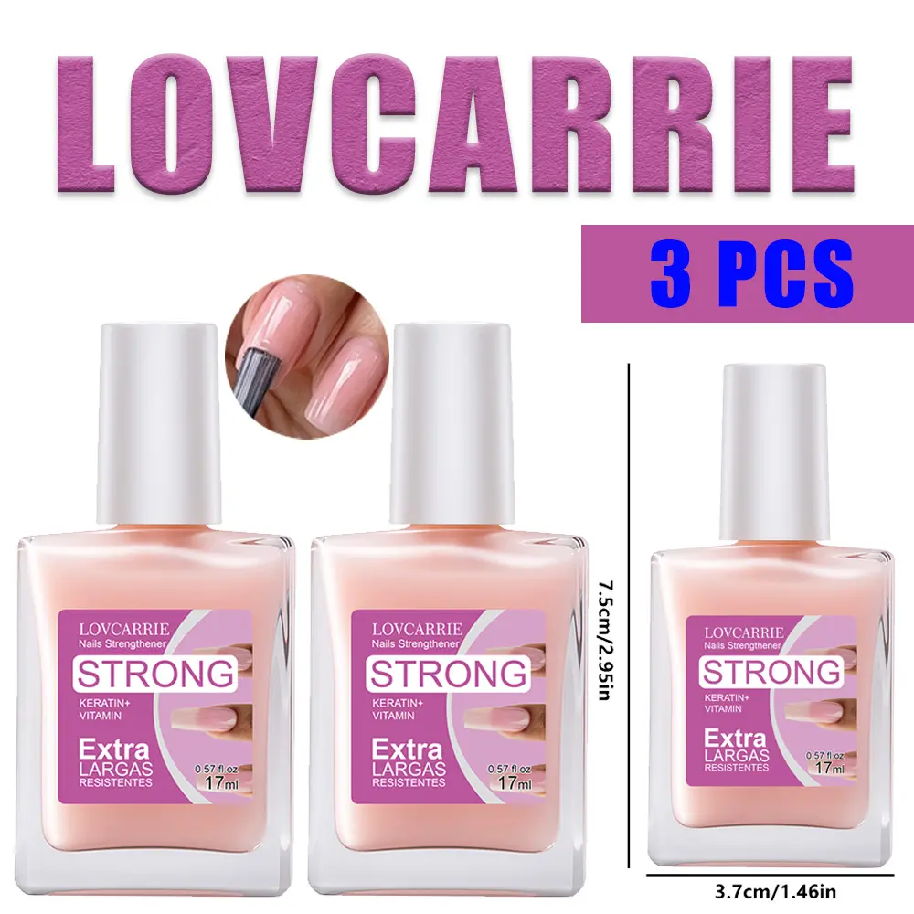 LOVCARRIE STRONG KERATIN Extra Largas Resistentes Nail Strengthener 17ml, Keratin & Vitamin Infused Pink Nail Hardener for Brittle Split Peeling Nails, Glossy Repair Base Coat Daily Nail Care Treatment