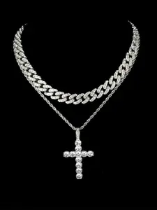 2pc Iced out Bling Bling Full rhinestone Cuban twist chain with cross pendant Hip-hop rock men and women wear Beautiful pendant chain necklace Cuban Link Necklace Iced Out Jewelry