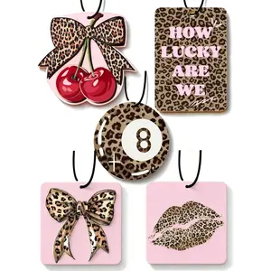 Cheetah Print Car Air Freshener, Leopard Print 5pcs Pink Bow Cherry Car Accessories Automotive Interior Hanging Scents Mirror Decor for Women Teen Girls