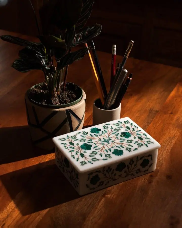 Malachite & White Mother of Pearl Inlay Box Eco-Friendly Jaisalmer Stone & Vietnam Marble 6.25x4.25x2.25 Inches Handmade Storage Box