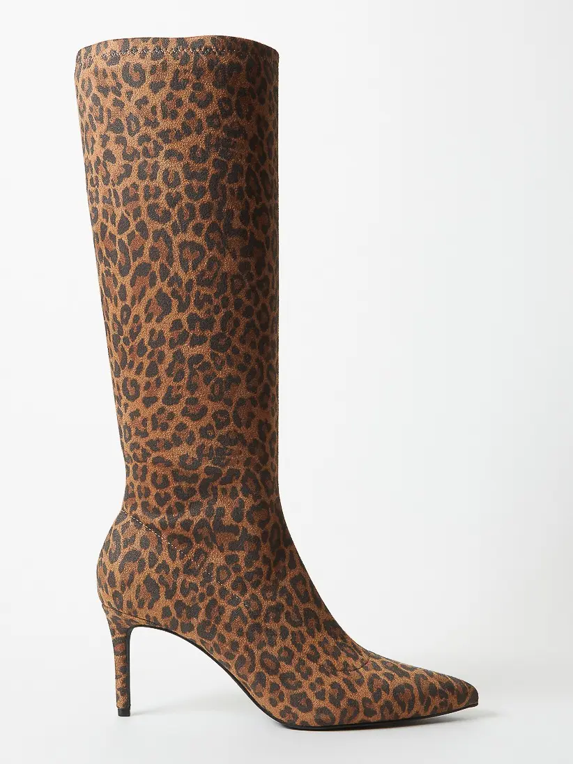 JUSTFAB Women’s Knee-High Boots, Pointed Toe Stiletto Heels with Faux Suede Upper & Inside Zipper, 3" Slim Heel Dress Boots for Fall, Date Night & Parties Leopard print Boots