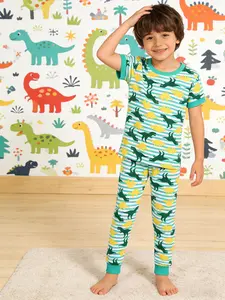 Boys' Space Rocket Planet Print Round Neck Short Sleeve Long Pants Pajama Set, 2 Piece Homewear Sleepwear, Comfortable Nightwear