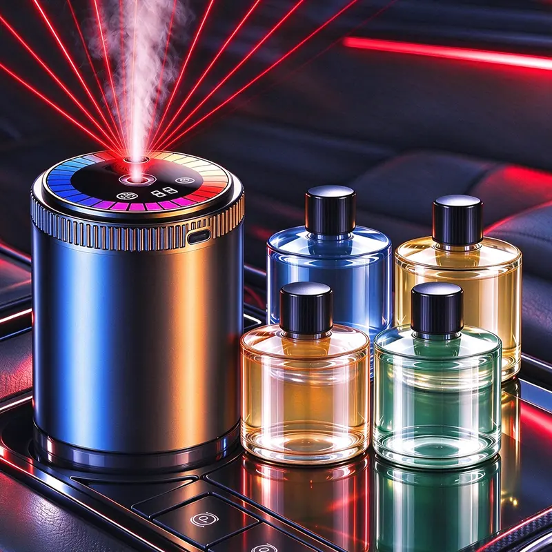 Smart Car Aroma Diffuser with 4 Perfume Bottles, Sound-Activated RGB, Star Laser Projection, Vibration Auto On/Off, 5 Mist Levels, Diffuser+Refill Compatible Air Freshener, Car Accessories Holiday Gift