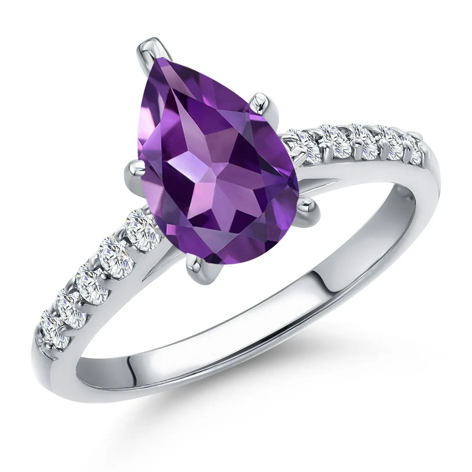 10K White Gold 10X7MM Pear Shape Gemstone Birthstone and White Lab Grown Diamond Engagement Ring | Wedding Anniversary Promise Ring For Women | Available 5, 6, 7, 8, 9