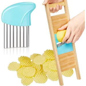 2 Pcs Wave Waffle Crinkle Cutter Set Stainless Steel French Fry Cutter For Potatoes,Slicer Crinkle Choppers For Potato Lattice,Carrot Chip Maker For Kitchen Tools(Blue)