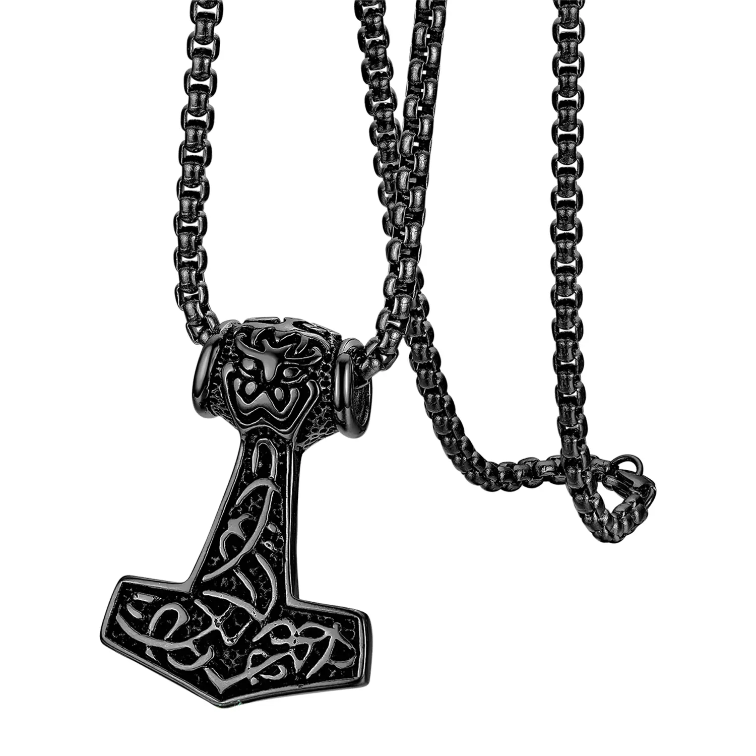 OIDEA Men's Stainless Steel Viking Thor's Hammer Pendant Chain Jewelry Necklace, Vintage Norse Mjolnir Charm, 22-Inch Wheat Chain, Chain Jewelry Necklaces