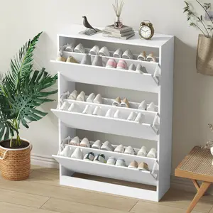 Natural Finish Adjustable Shoe Cabinet with Hidden Storage，Shoe Storage Cabinet with 3 Flip Drawers,Narrow Shoe Rack Cabinet,Freestanding Organizer Storage for small-sized multifunctional furniture