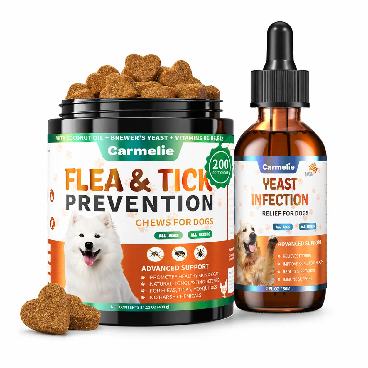 Carmelie Summer Dog Protection Bundle – Yeast Support Drops + Outdoor Defense Chews | Coconut Oil, Flaxseed & Probiotics | Supports Skin, Paws & Ear Comfort for Dogs